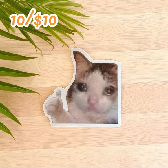Crying Cat Meme Sticker – “Thumbs Up” | Funny Vinyl Decal - Approx. 3” - Picture 1 of 1